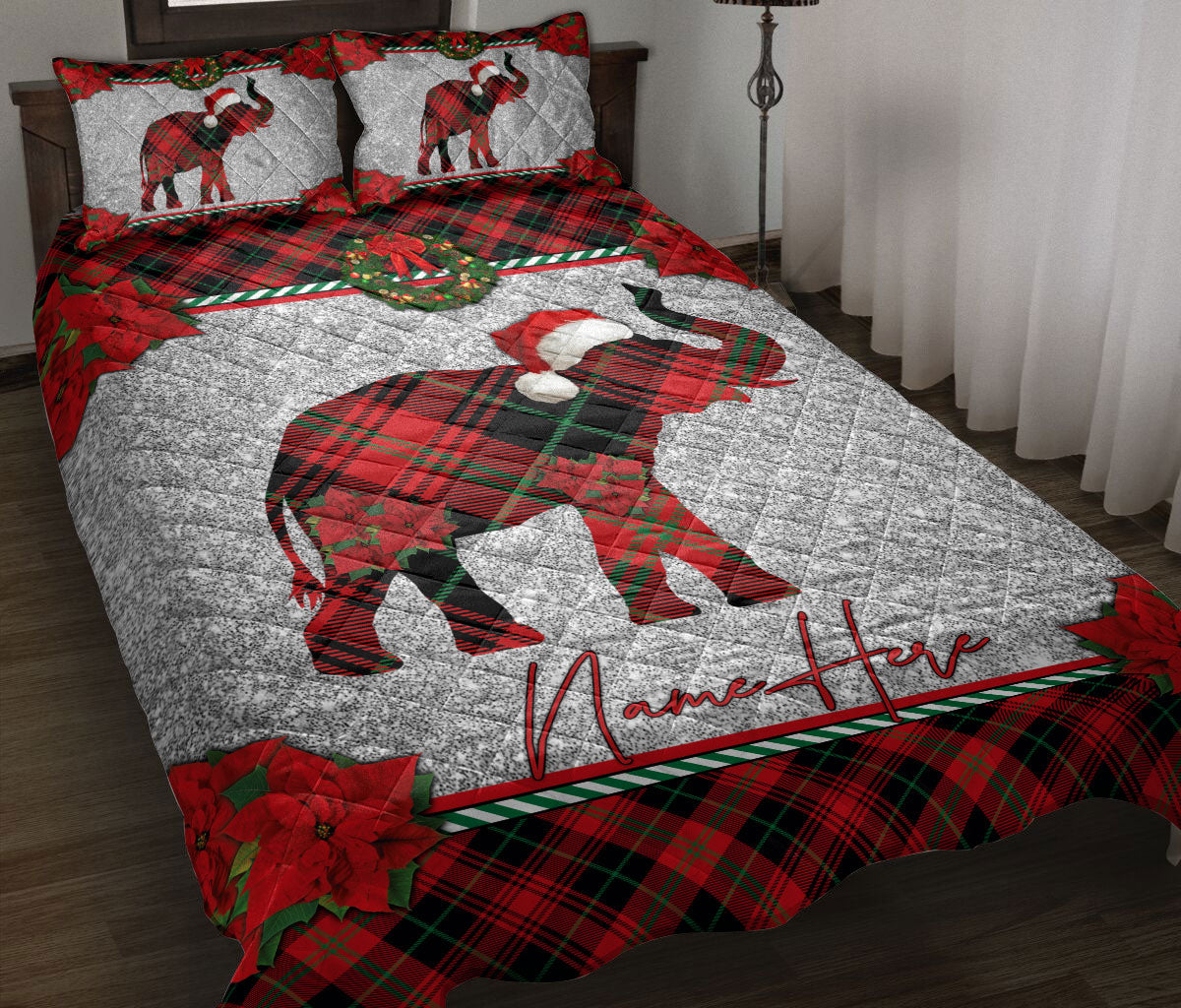 Personalized Elephant Quilt Set, Christmas Red Plaid Elephant Santa Hat Xmas Quilt Blanket With Pillowcases, Custom Name Quilt Bedding Set, Christmas Gift