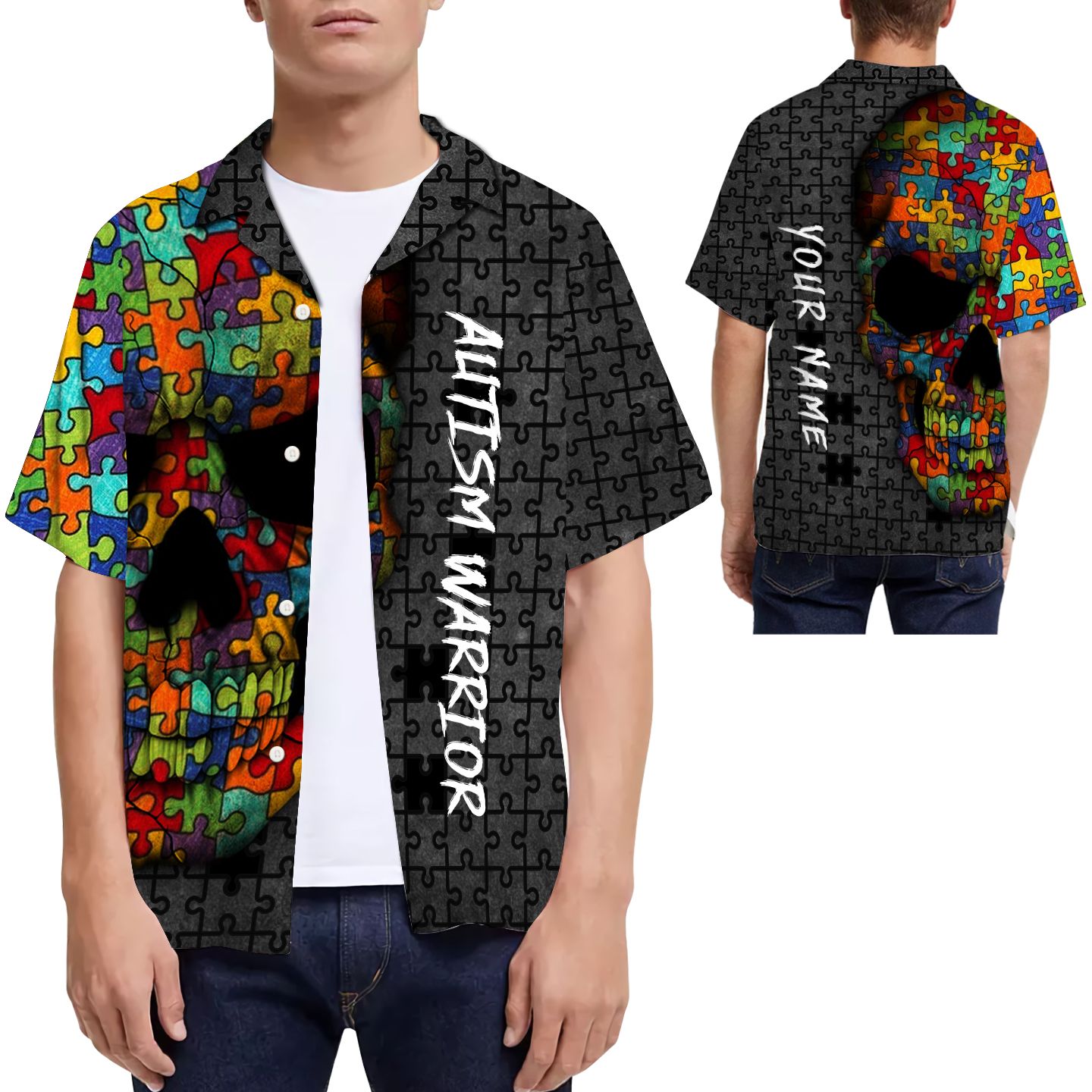 Autism Warrior Puzzles Skull Custom Name Men Hawaii Shirt Dad Ha17476