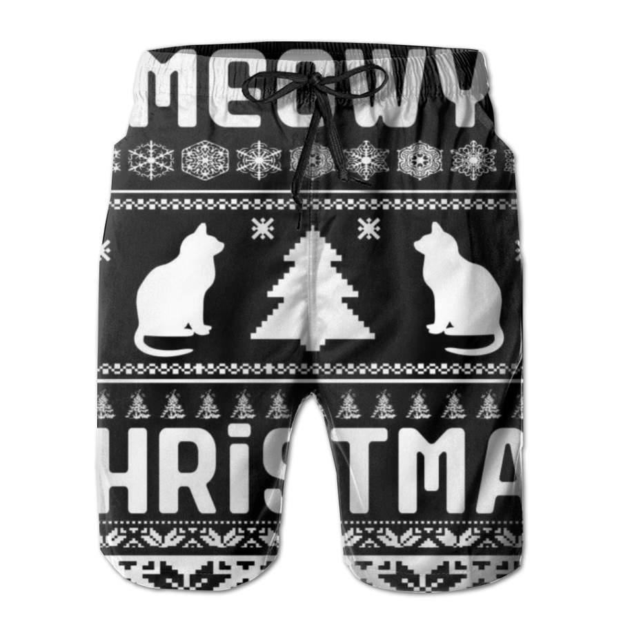 2 Pack Meowy Cat Ugly Christmas Sweater Poster Men Swim Trunks Drawstring Elastic Waist Quick Dry Beach Shorts with Mesh Lining Swimwear Bathing Suits