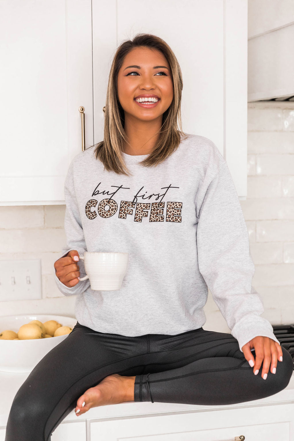 But First Coffee Animal Print Ash Graphic Sweatshirt