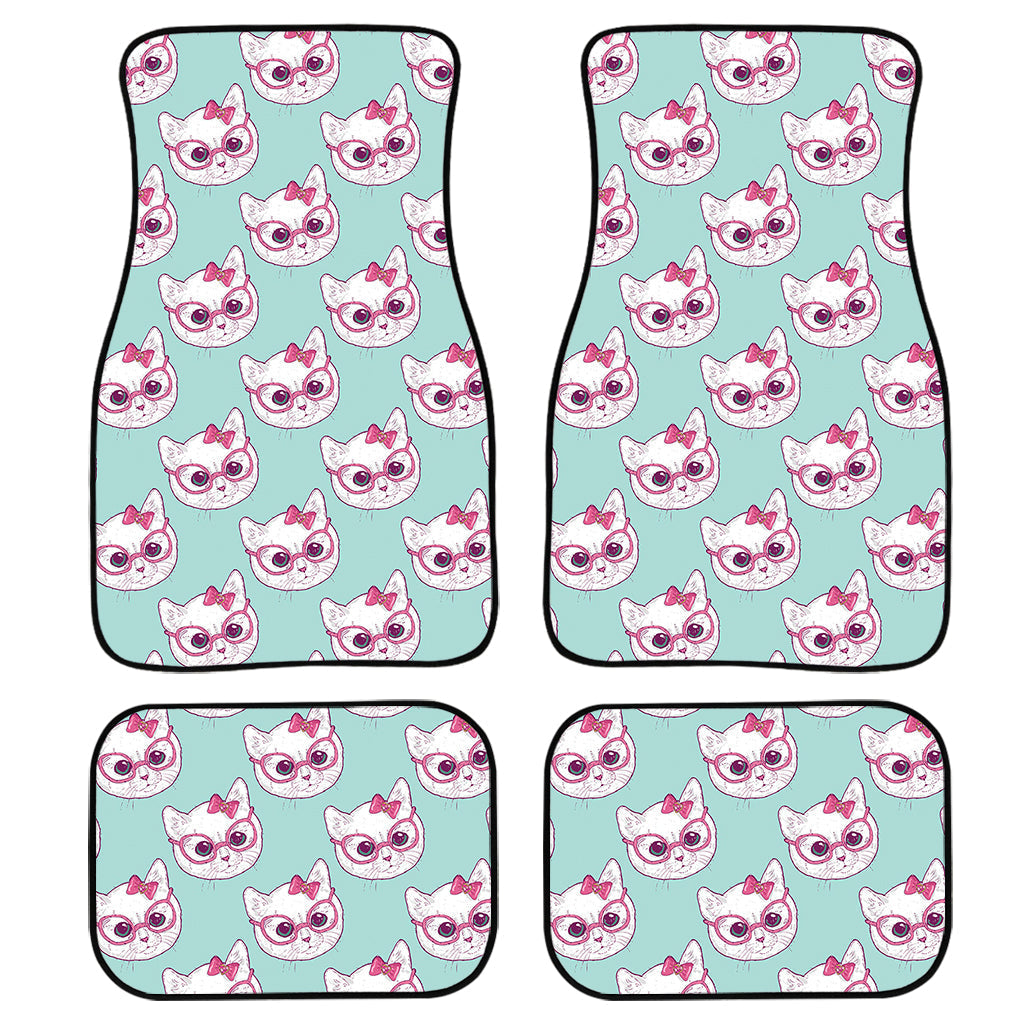 Girly Cat With Glasses Pattern Print Front And Back Car Floor Mats, Front Car Mat