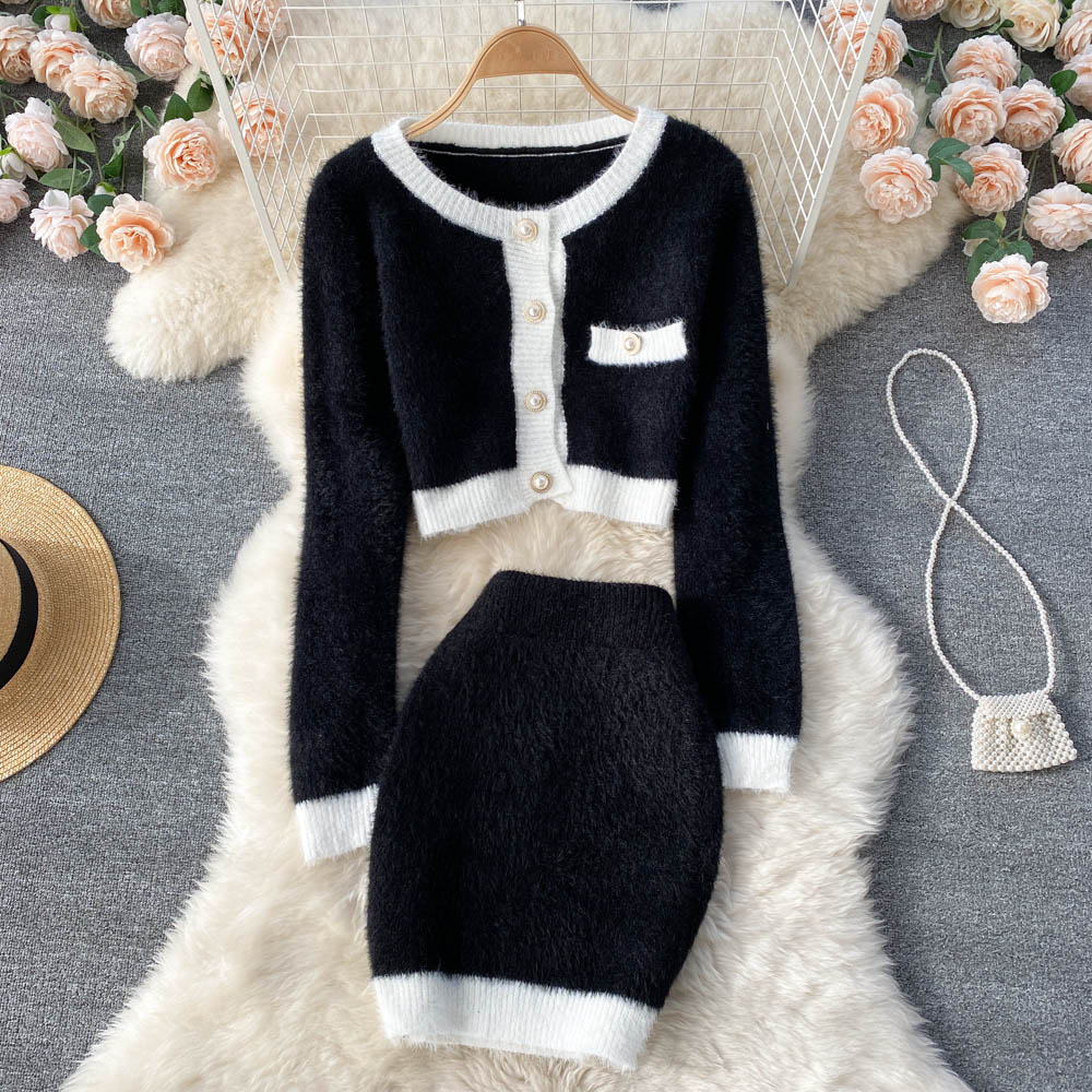 WIGADFHK Fashion Knitted Suit Women Spring And Autumn New Sweet Contrast Color Short Cardigan Sweater Skirt Two-piece Suit alx