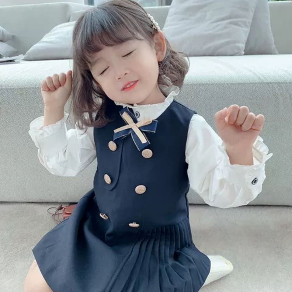 21Baby Girls Fashion Clothing Set White Cotton Tops Shirts+pleated Dress Kids Girl Elegant Suits Spring Autumn Princess Clothes alx