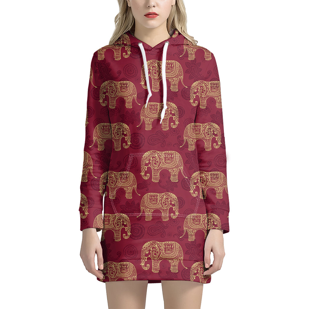 Gold And Red Boho Elephant Print Women’S Pullover Hoodie Dress