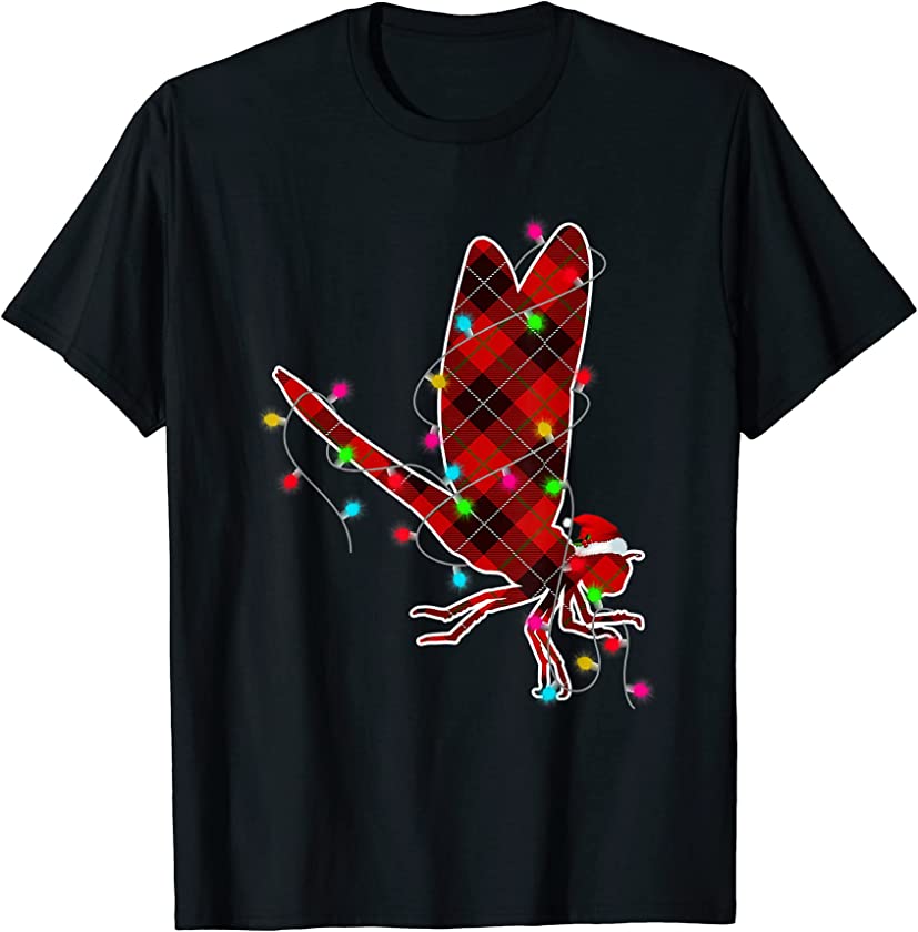 Xmas Pajama Red Plaid Christmas Lights Dragonfly Animals T-Shirt