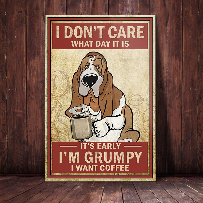 Basset Hound Dog Canvas And Poster I’m Grumpy I Want Coffee | Art Print | Home Decor | Room Decor | Wall Art