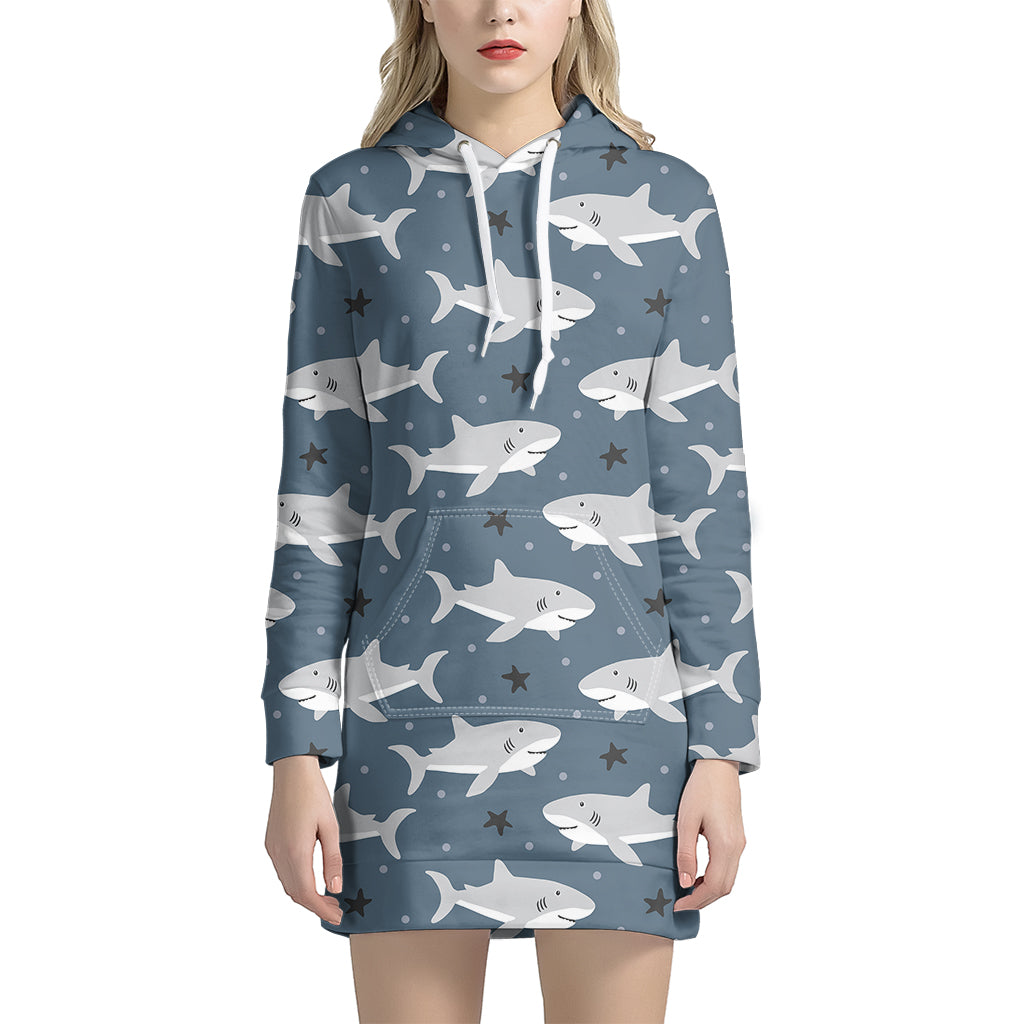 Cute White Shark Pattern Print Women’S Pullover Hoodie Dress