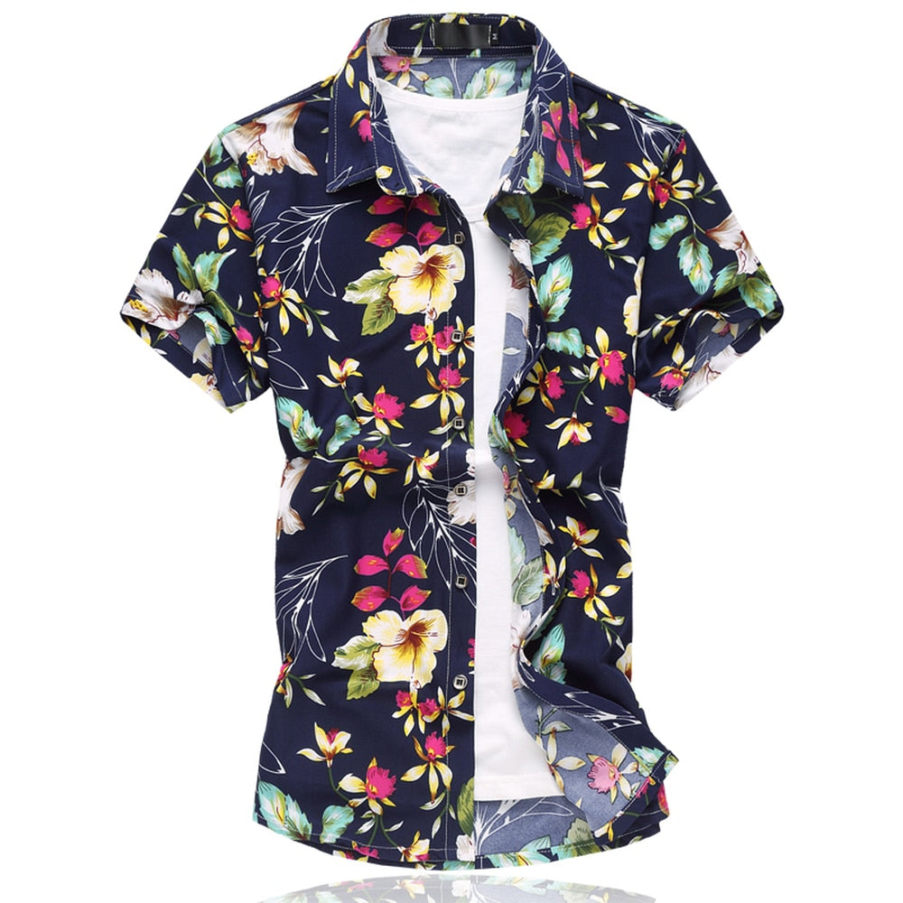 Summer Short Sleeve Leisure Fashion Flowers Hawaii Ice Silk Cotton Shirts Ha79010