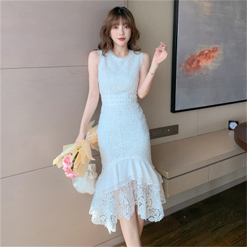 A GIRLS High Quality Runway Summer Lace Dress 2022 Luxury Women Sleeveless O Collar Retro Fishtail Dress Flower Embroidery Long alx