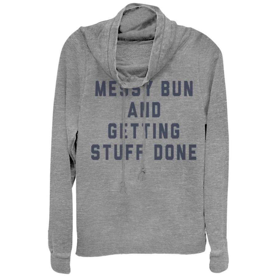 CHIN UP Junior’s Messy Bun Getting Stuff Done Print  Cowl Neck Sweatshirt Gray Heather