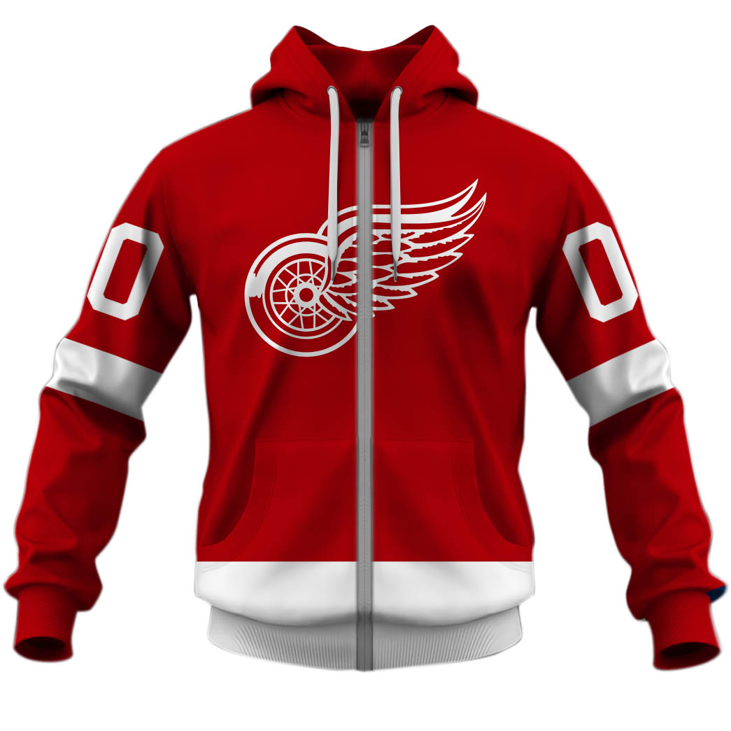 Detroit Red Wings Custom Name Number Throwback Vintage Home Jersey Zip Up Hoodie