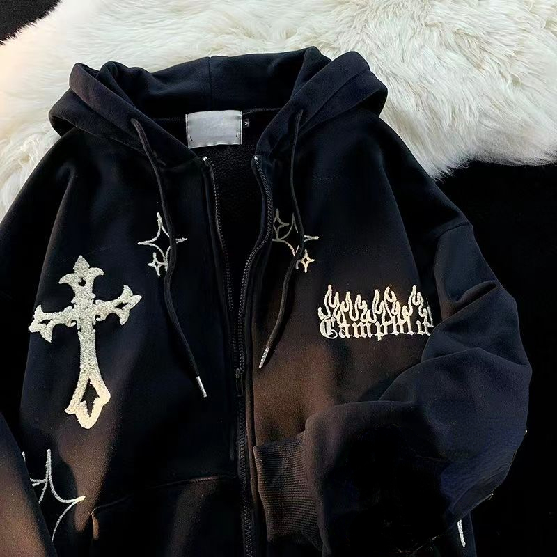 Vintage Embroidery Hoodies Women Harajuku Long Sleeve Zip Up Sweatshirt Hip Hop Gothic Streetwear Hooded Jacket Coat Y2k Clothes alx