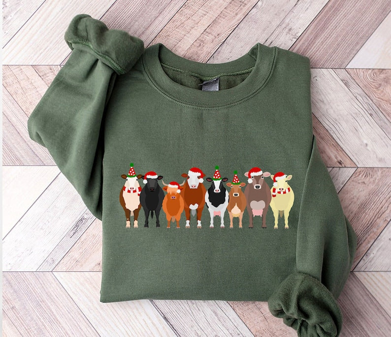 Cows Merry Christmas Sweatshirt 2D Crewneck Sweatshirt All Over Print Sweatshirt For Women Sweatshirt For Men Sws5075