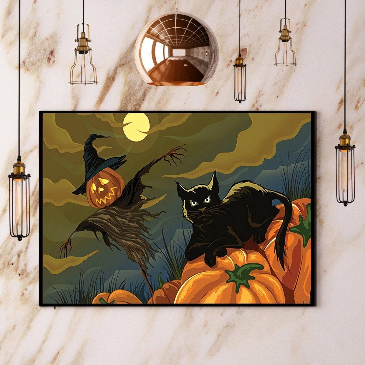 Black Cat Pumpkin Scarecrow & Moon Night Halloween Poster No Frame Matte Canvas, Wall Decor Visual Art