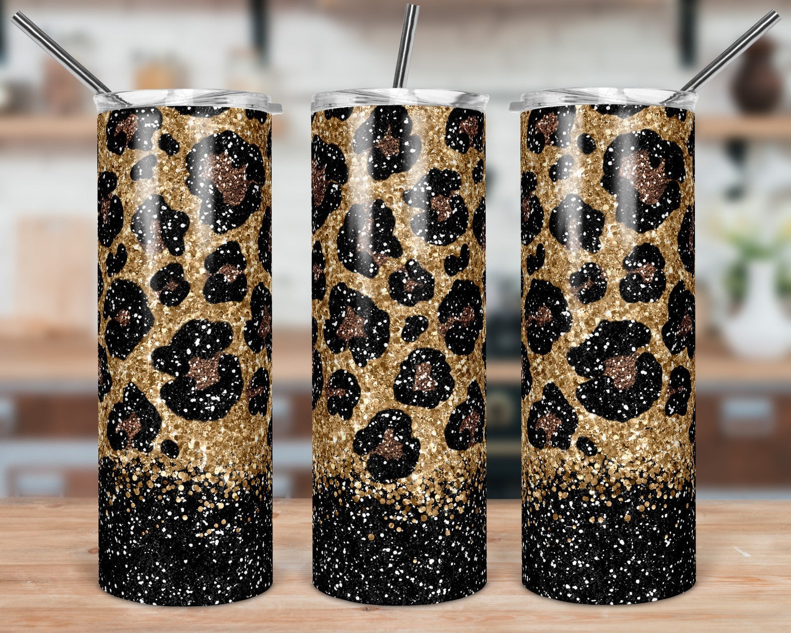 Black Glitter Leopard Print 20Oz Skinny Tumbler