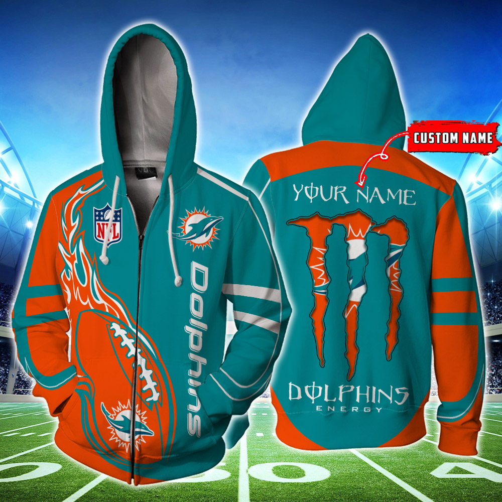 Miami Dolphins Custom Name Zipperhoodie 3D Ds001