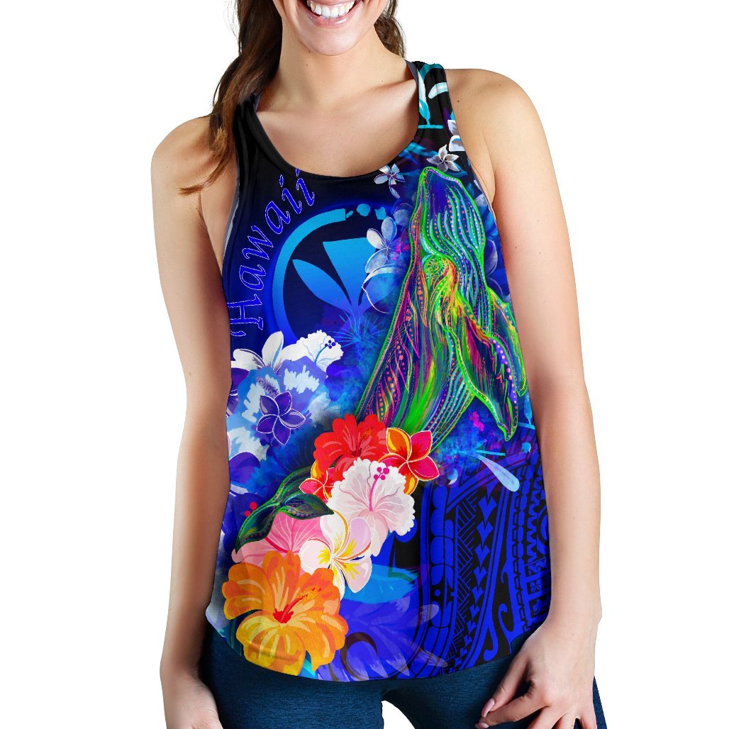 Polynesian Hawaii Women’s Racerback Tank – Kanaka Maoli Humpback Whale with Tropical Flowers (Blue)- BN18