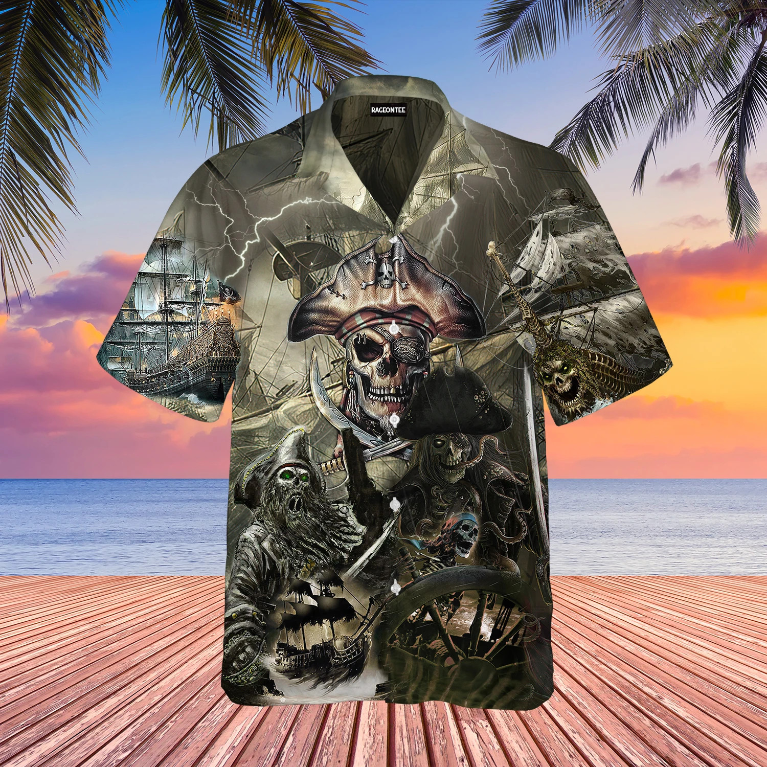 Caribbean Skull Pirate Ghost Ship Hawaii Shirt Unisex Adult Ha4992