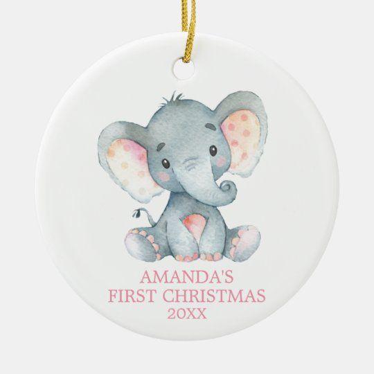 Personalized Ornament Cute Elephant Baby Girl First Christmas Pink Customized Ceramic Circle Ornament 1 – 2 Sided