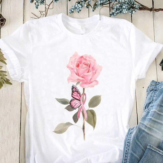 Breast Cancer Awareness Butterfly Rose T Shirt Hoodie Sweater Size S-5Xl
