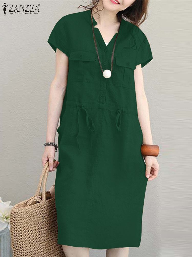 2022 ZANZEA Women’s Dress Summer Solid V-Neck Cargo Pocket Dresses For Women Elegant Holiday Work OL Sundress Casual Robe Femme alx