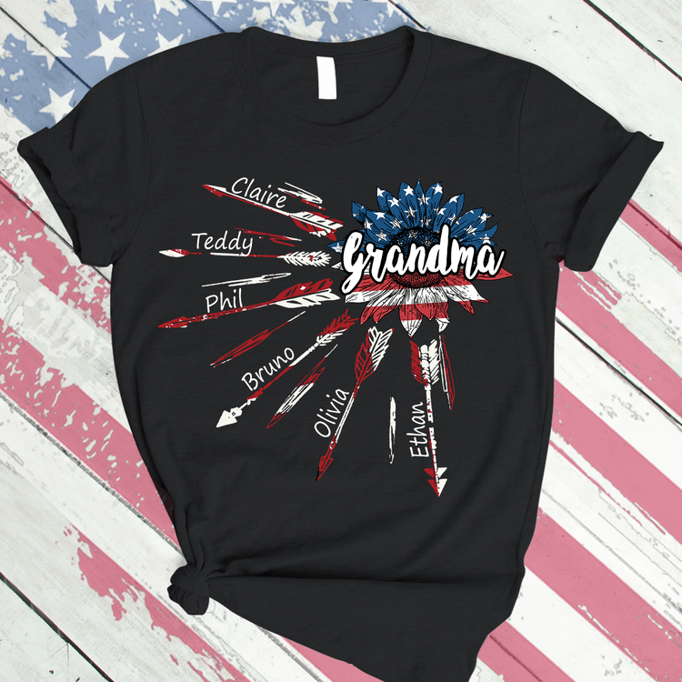 4Th Of July Grandma With Grandkids Sunflower Arrow Usa Flag Nana Shirt, Flag Mimi Shirt