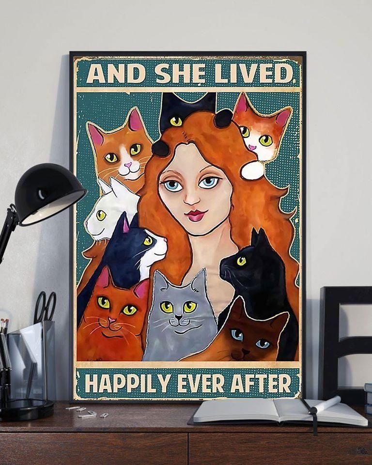 Woman With Cats And She Lived Happily Ever After Poster Cat Lovers Gift Wall Art Home Decor