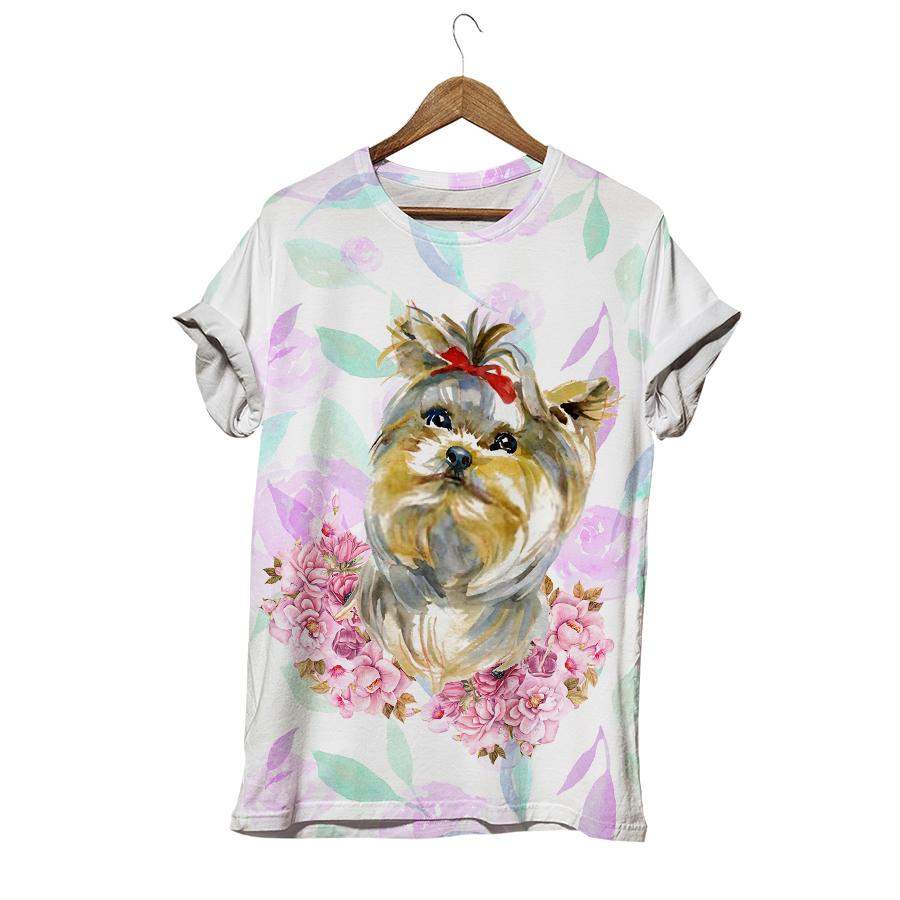 The Yorkshire Terrier Puppy Girl With Pink Flowers Botanical T-shirt