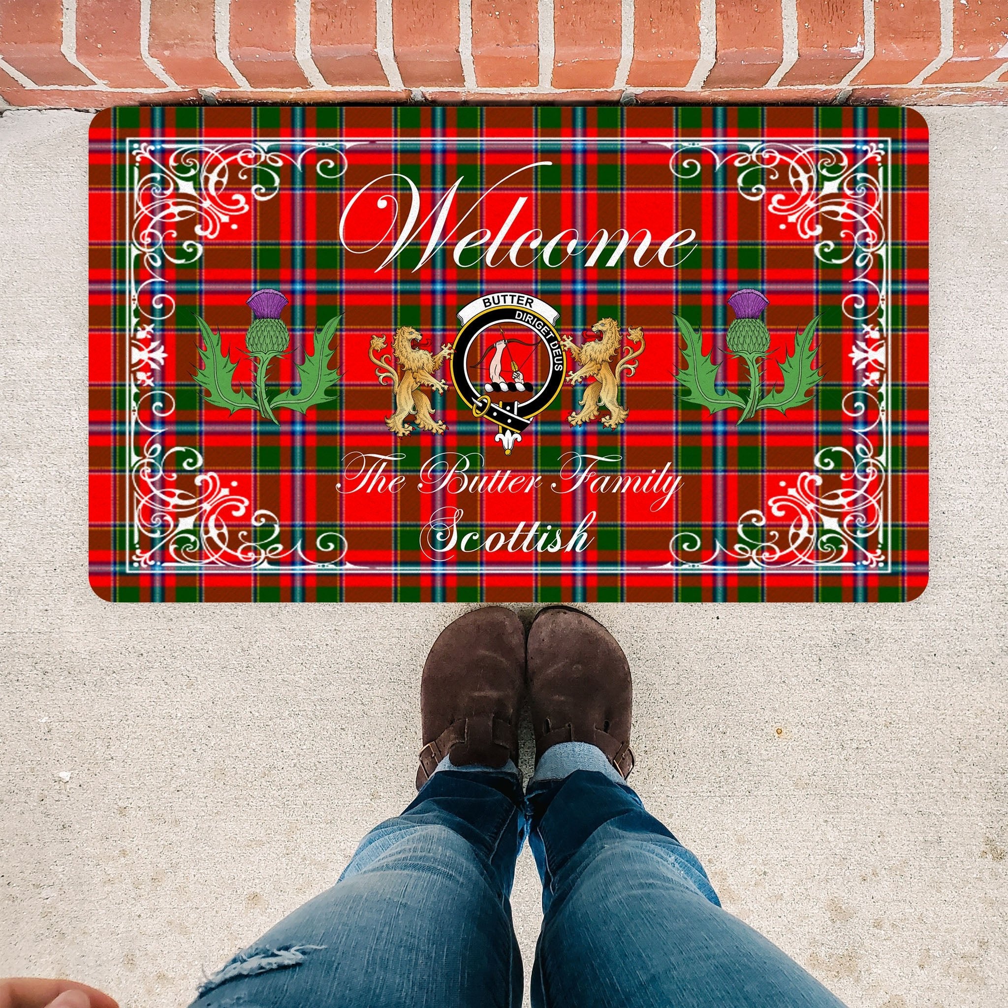 Scotstee Shop Tartan Door Mats Clan Butter Badge Tartan Thistle And Two Lion Scottish Plaid Doormat, Christmas Door Mat Gift