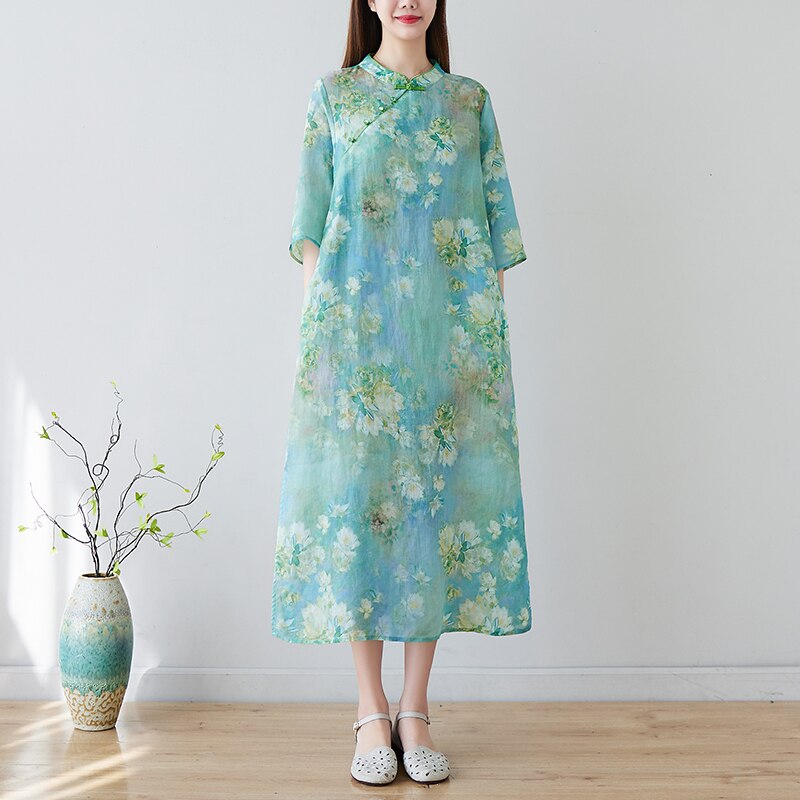 Stand Collar Beading Vintage Chinese Style Dress Robe Cheongsam Thin Soft Cotton Linen Loose Fashion Women Casual Summer Dress alx