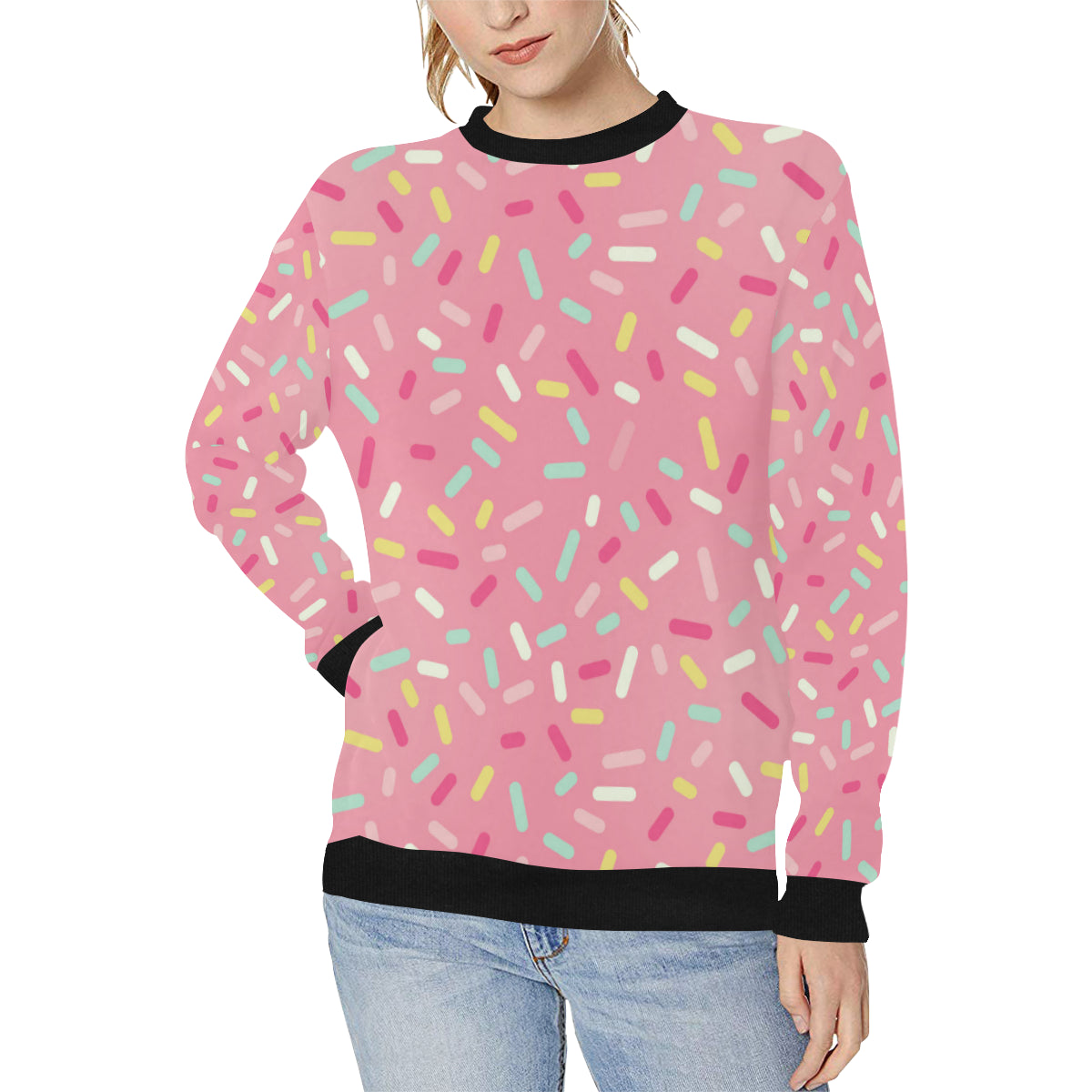 Pink donut glaze candy pattern Women’s Crew Neck Sweatshirt