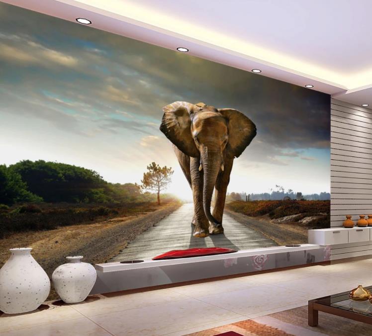 3D Elephant Plant Sky Road Animal Landscape Nature Wall Mural Wallpaper Lll 1341