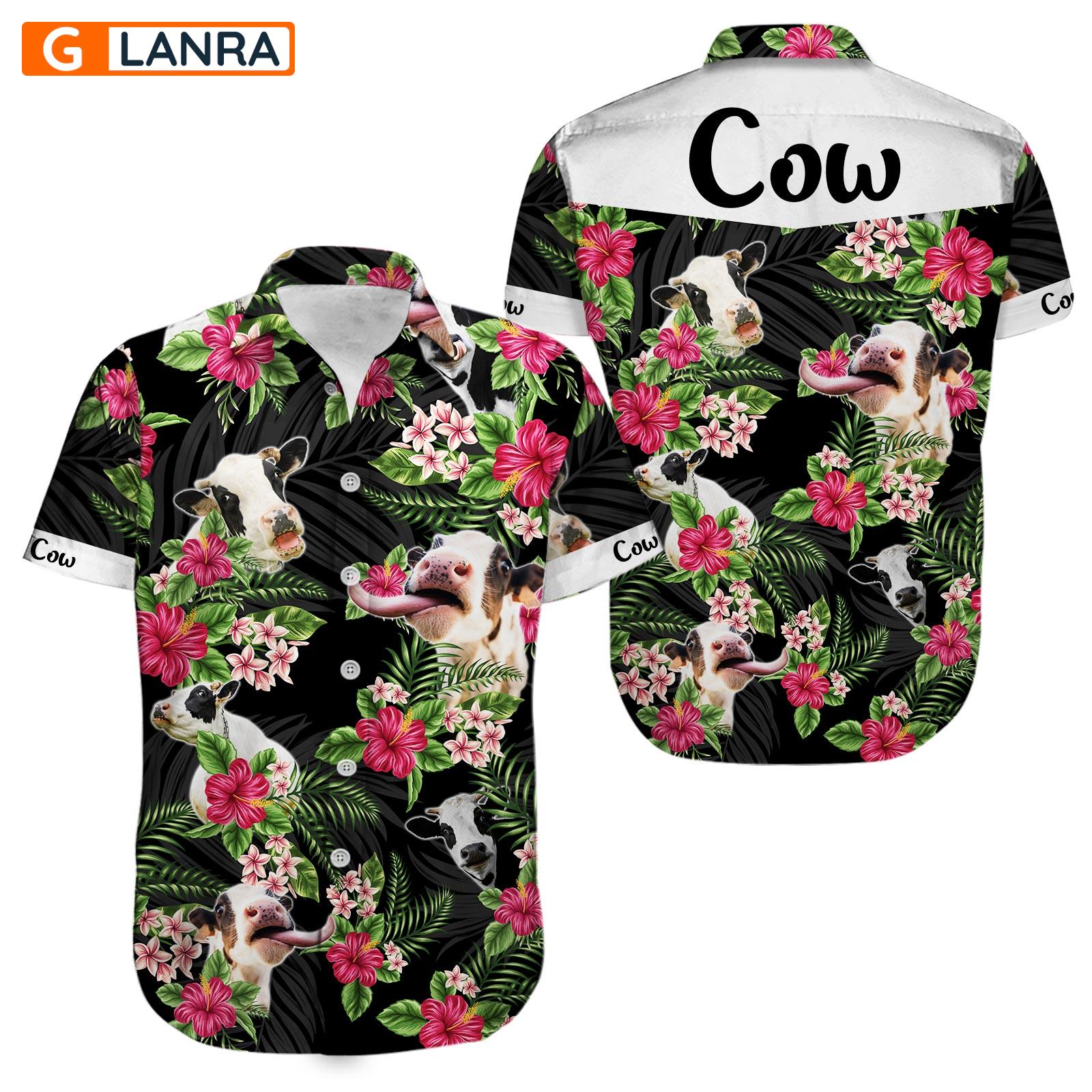 Cow Button Shirt, Cow Leaves Flower Button Shirt, Cow Cattle Button Shirt, Cow Farm Button Shirt, Summer Cow Hawaiian Shirt, Summer Tropical Shirt