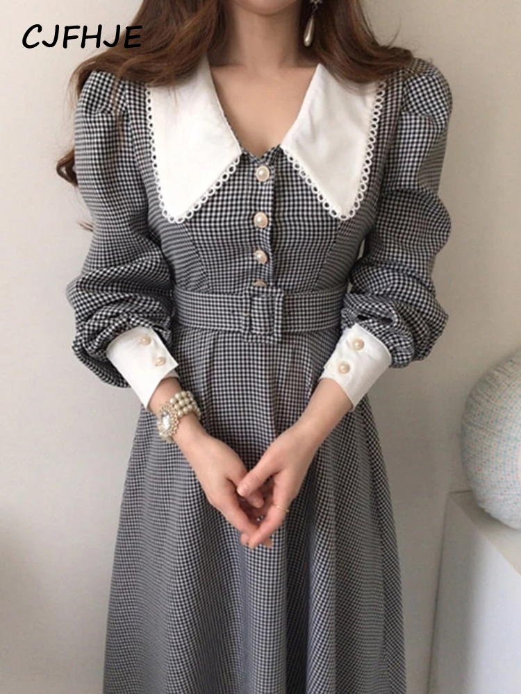 Women Korean Temperament Office Lady Lapel Robe Slim Waist Long Sleeve Dress Vintage Lace Plaid Chic Puff Sleeve Woman Dresses alx