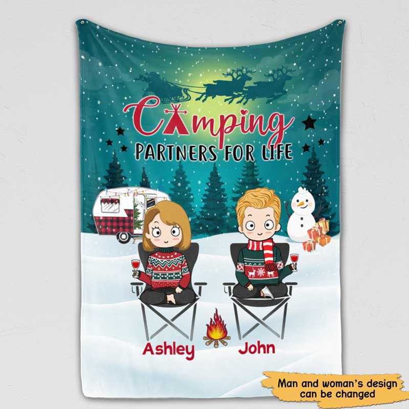 Personalized Camping Couple Blanket, Camping Partners Chibi Couple Christmas Version, Sherpa/Woven