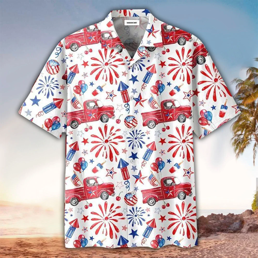 Truck And Firework Pattern Hawaii Shirt For Men Women Of July Button Down Aloha Ha96699