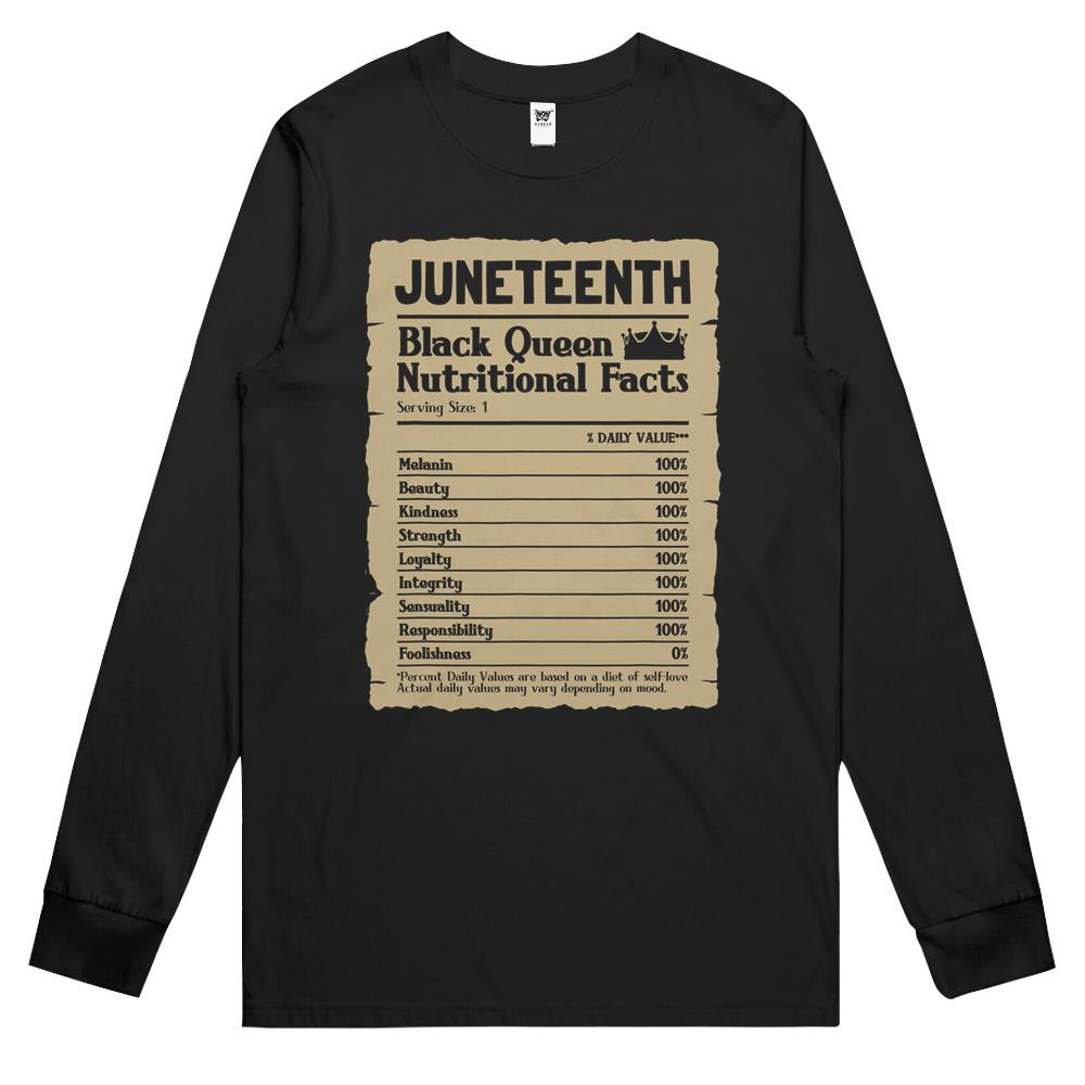 Nutritional Facts Shirt, Nutritional Facts Long Sleeve T Shirts, Black Queen Nutrition Facts, Juneteenth Black Queen Nutritional Facts Melanin Vintage Long Sleeve T Shirts