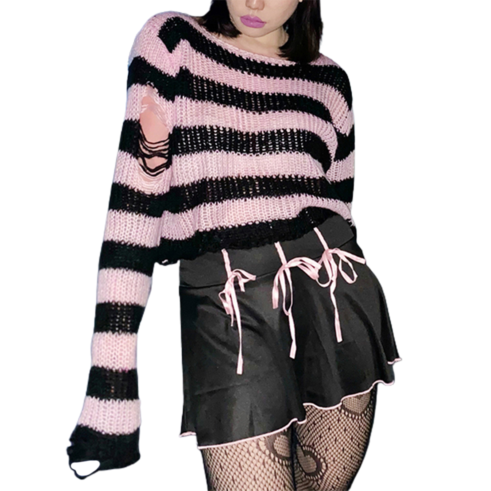 y2k Punk Gothic Long Sweater Women’s Loose Hollow Knitted Sweater Oversized Striped Ripped Pullover Aesthetic Jumper Loose Tops alx