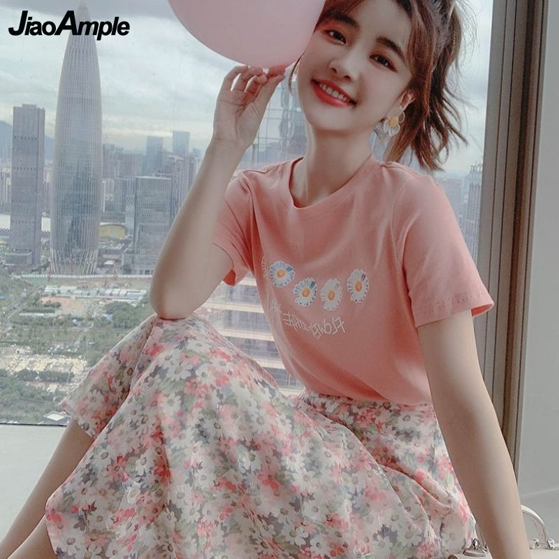 2021 Summer New Girls Sweet Daisy T-shirt Skirts Sets Women Leisure Print Floral Clothing Student Fashion Pink Slimming Dresses alx