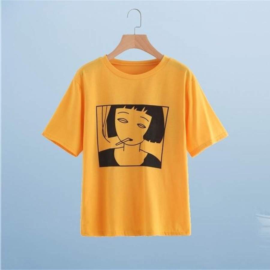 Korean Fashion Smoking Girl Grunge Aesthetic T-Shirt Harajuku Cute Graphic Tee Gold Tops