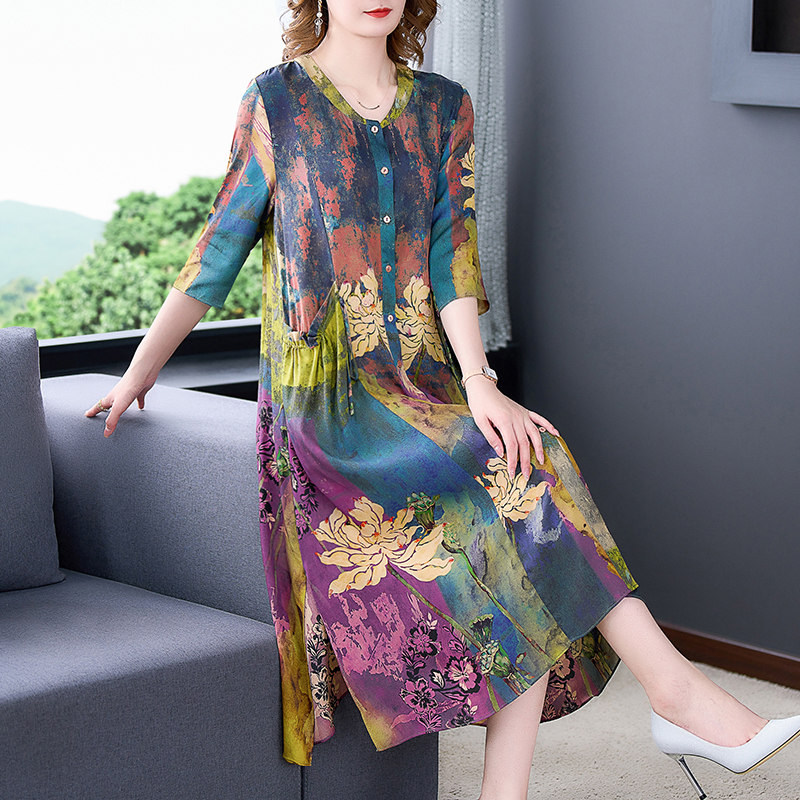 Special Promotion 2022 New Button V-neck Silk Short-sleeved Printing Large Pocket Long Skirt Loose Large Swing Long Dress alx