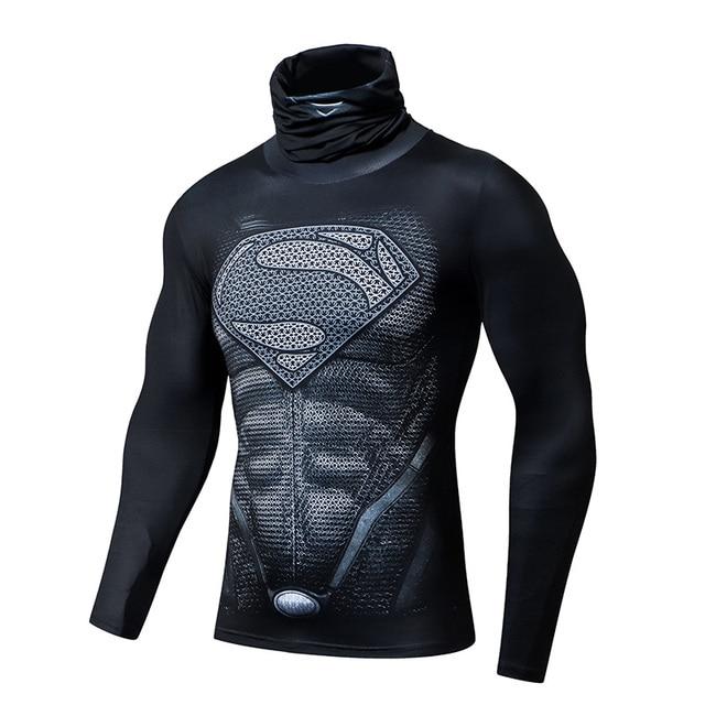 Black Superman Halloween Cosplay Men’S High Collar 3D Long Sleeve Compression Shirt