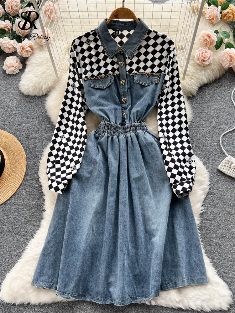 SINGREINY Winter Spliced Denim Dress Retro Lapel Pocket Long Sleeve Single Breasted 2022 Women Chessboard Sheath Winter Dress alx