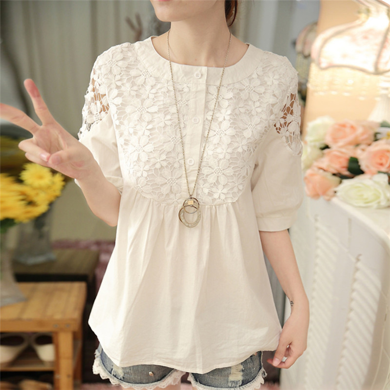 women elegant loose casual shirt 2021 new fashion women tops spring short sleeve lace Solid color chiffon blouse 59A 25 alx