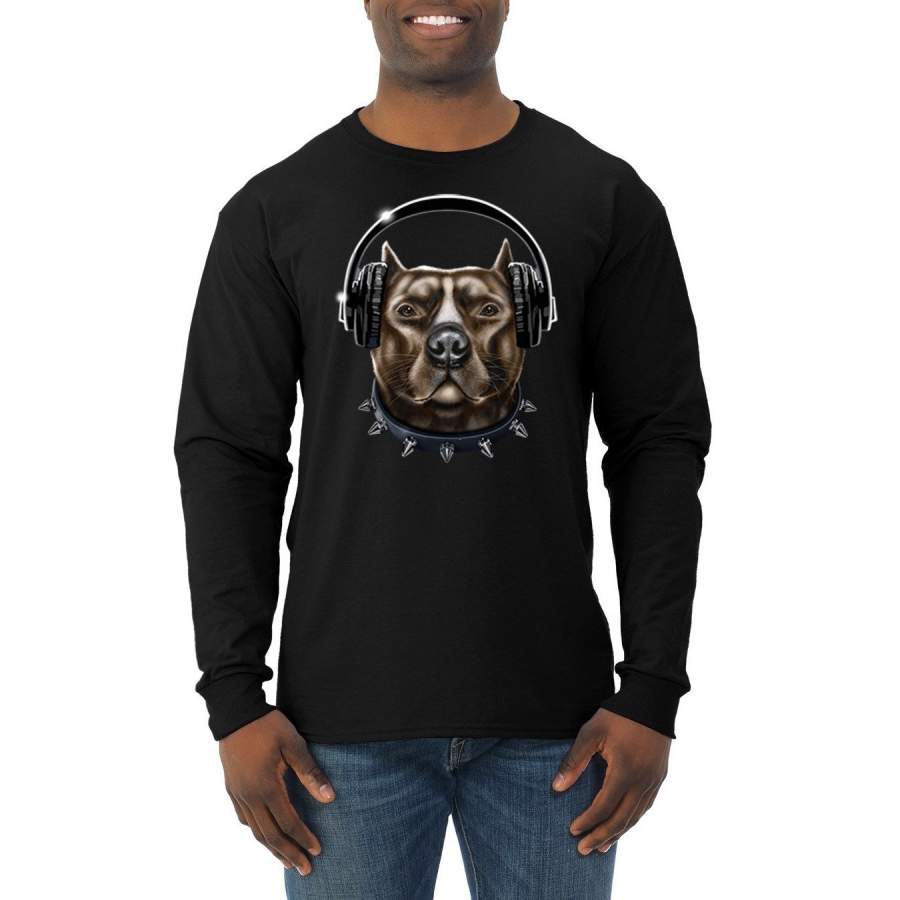 Bull Dog, Spiked Collar,  and Headphones Animal Lover Mens Long Sleeve Shirt