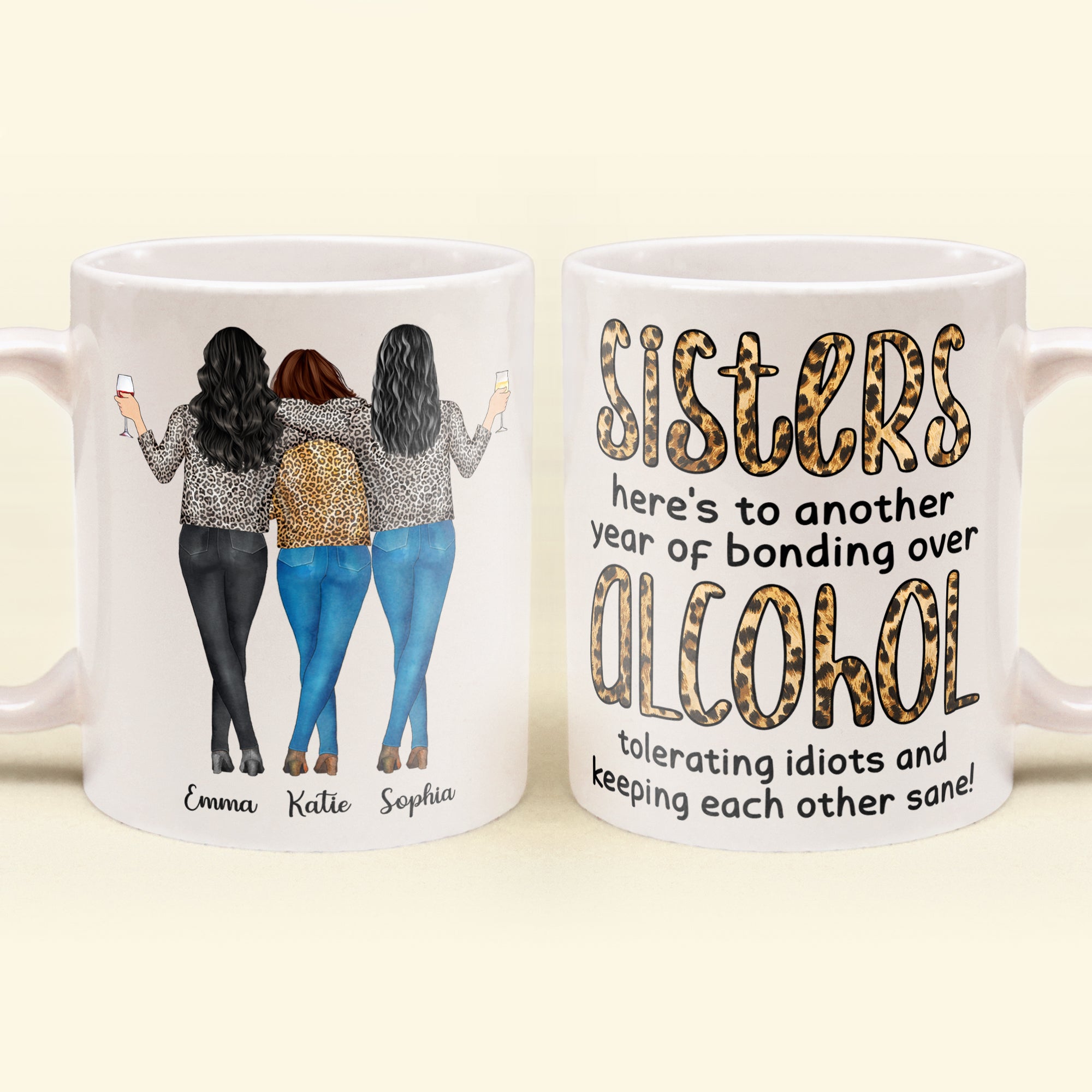 Another Year Of Bonding Over Alcohol – Personalized Mug – Birthday, New Year Gift For Besties, Soul Sisters, Sistas, Bff, Friends – Leopard Pattern Jacket Woman