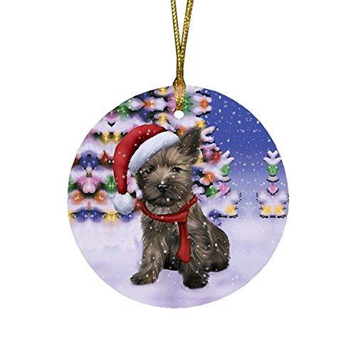 Winterland Wonderland Cairn Terrier Puppy Dog In Christmas Holiday Scenic Background Round Ornament