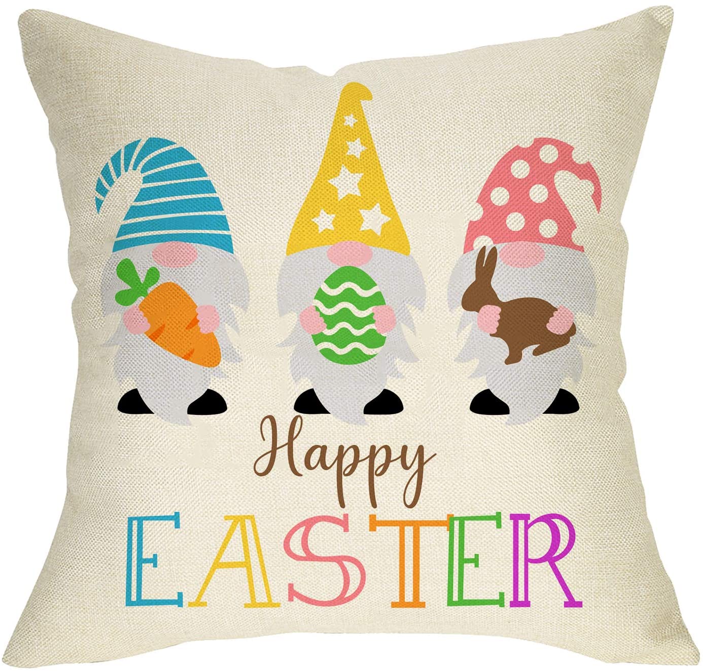 Softxpp Happy Easter Gnomes Decorative Throw Pillow Cover, Bunny Rabbit Egg Carrot Sign Cushion Case, Spring Holiday Home Decorations Cotton Linen Outside Pillowcase Decor For Sofa Couch