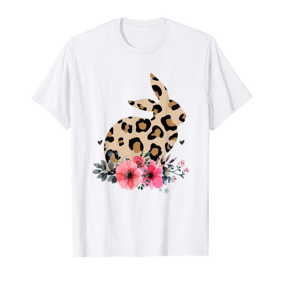 Bunny Leopard Print Floral T-Shirt Cute Easter T Shirt Women