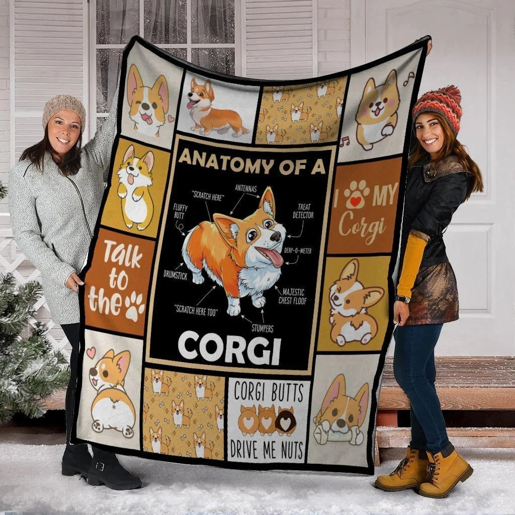 Funny Cute Corgi Dog Soft Blanket, Anatomy Of A Corgi Dog Fleece Blanket